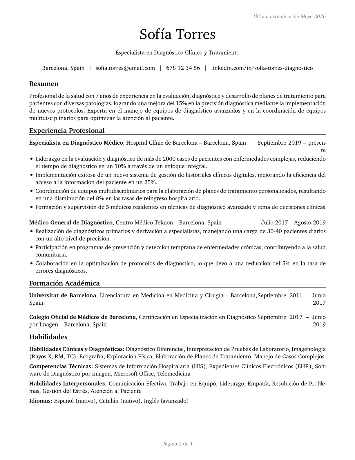 Healthcare Diagnosing or Treating Practitioners, All Other CV in Spanish — page 1