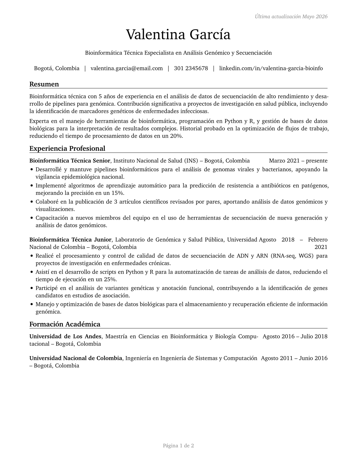 Bioinformatics Technicians CV in Spanish — page 1