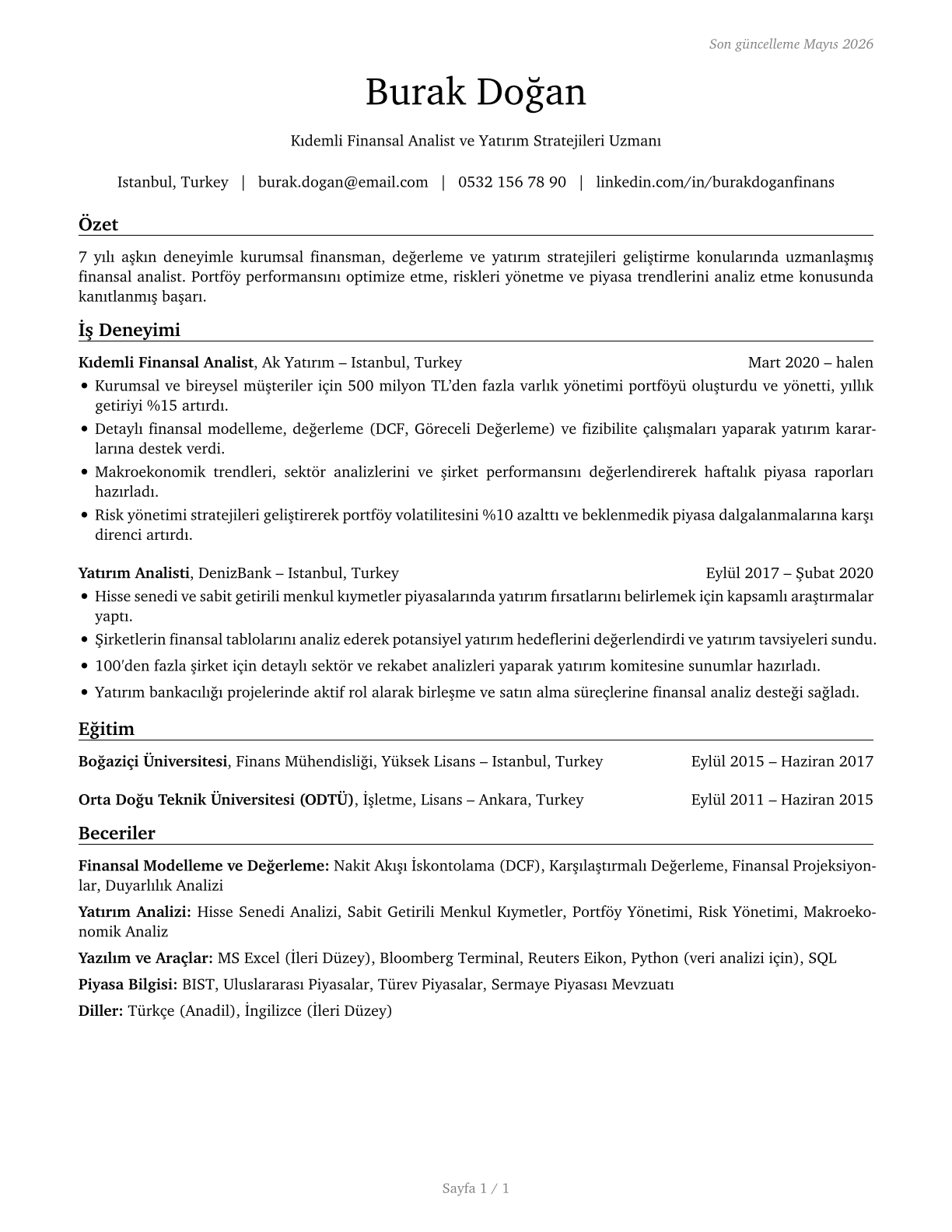 Financial and Investment Analysts CV in Turkish — page 1