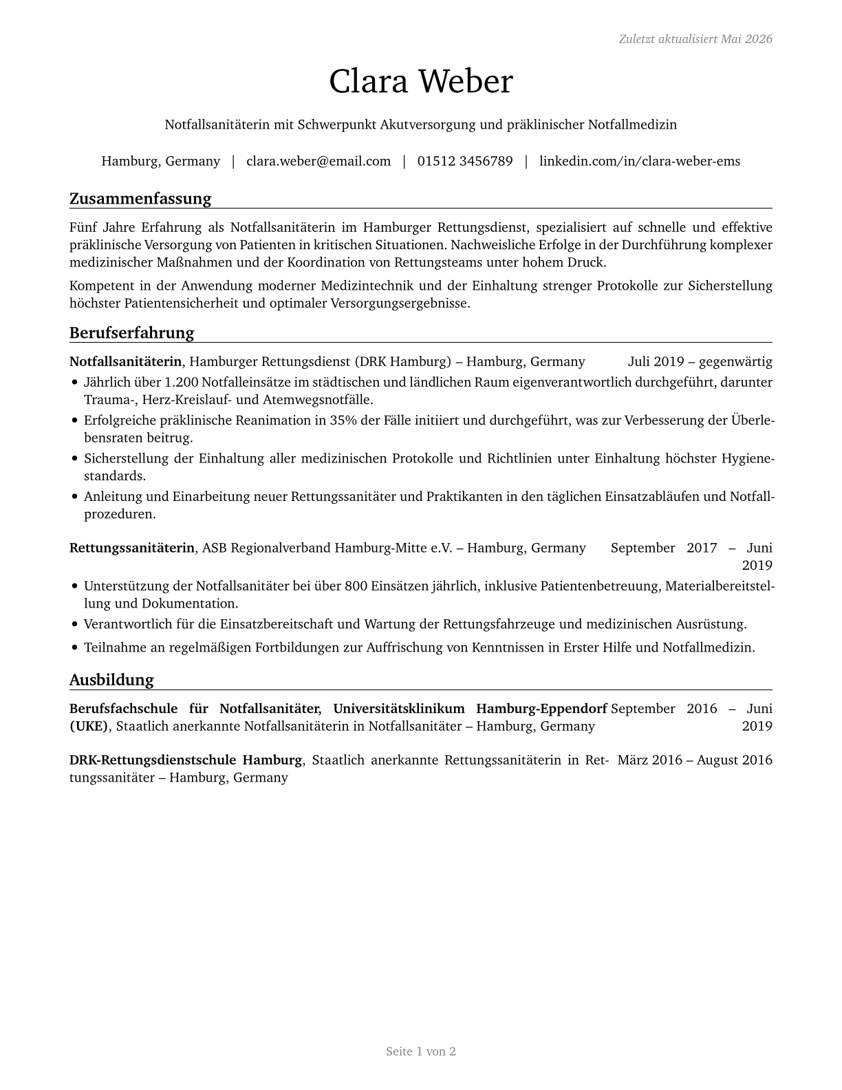 Emergency Medical Technicians CV in German — page 1