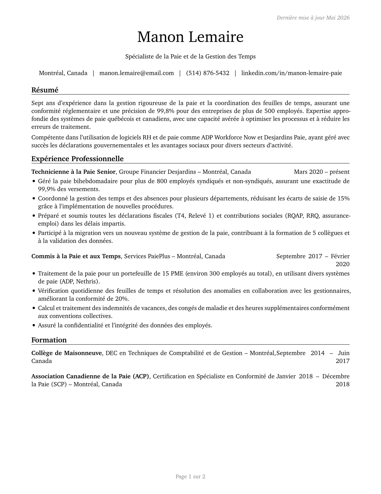 Payroll and Timekeeping Clerks CV in French — page 1
