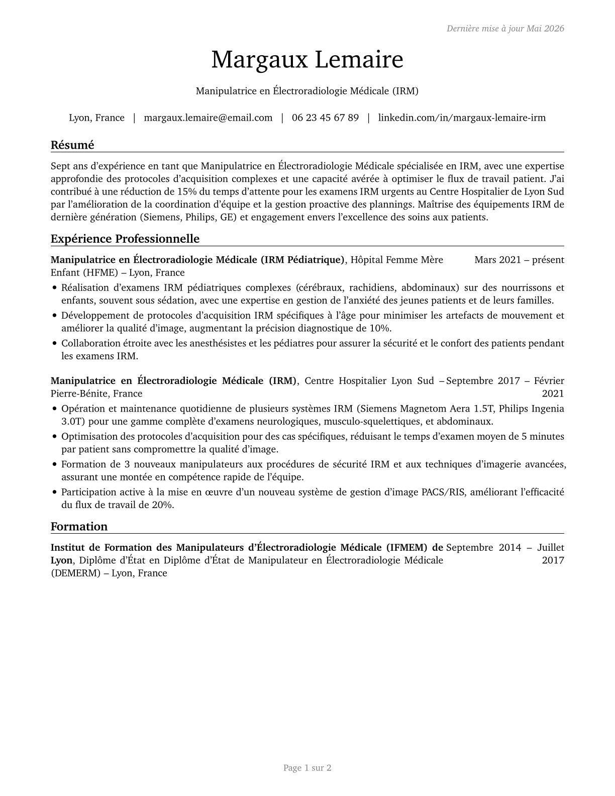 Magnetic Resonance Imaging Technologists CV in French — page 1