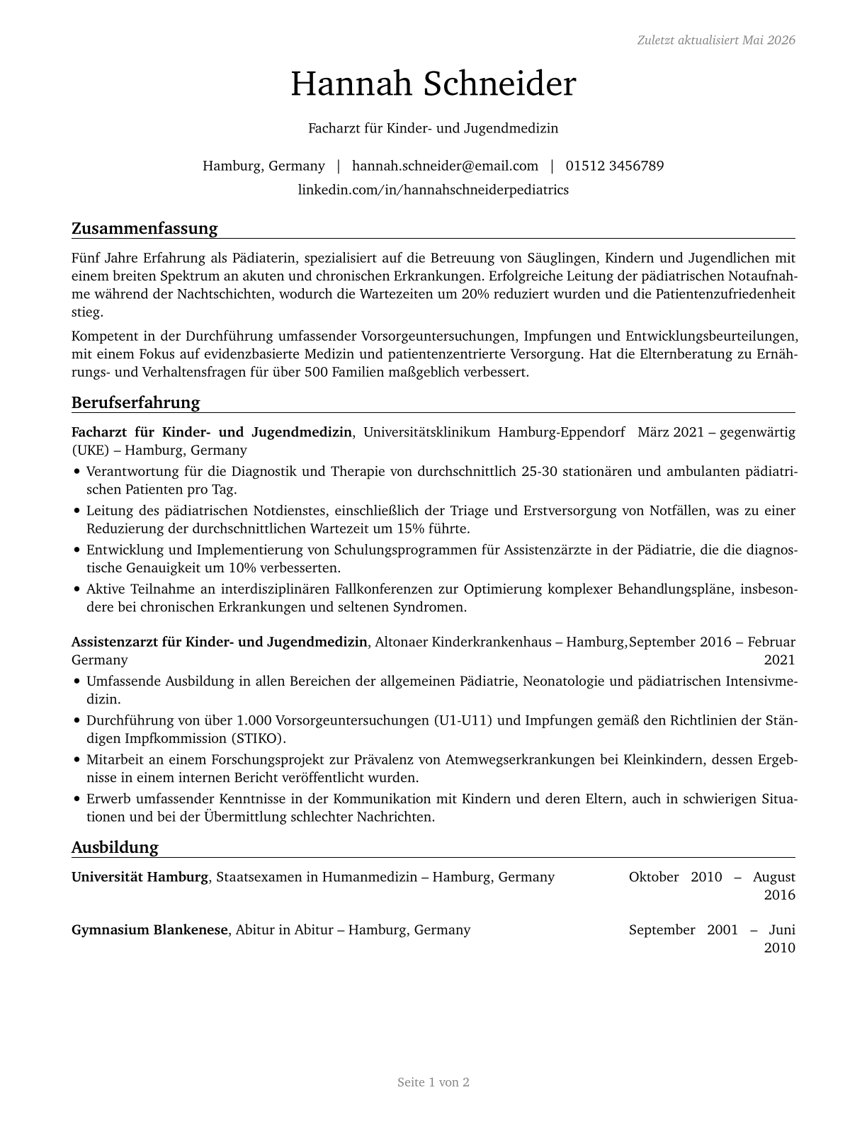 Pediatricians, General CV in German — page 1