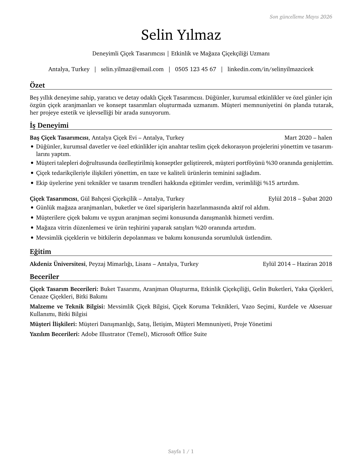 Floral Designers CV in Turkish — page 1