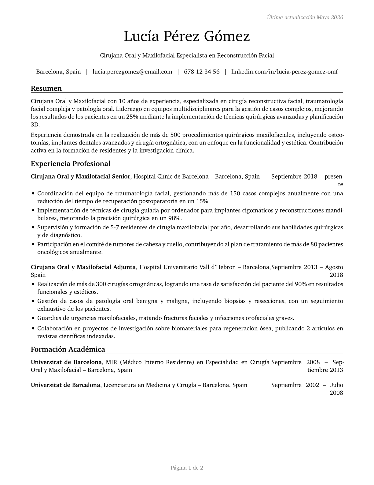 Oral and Maxillofacial Surgeons CV in Spanish — page 1