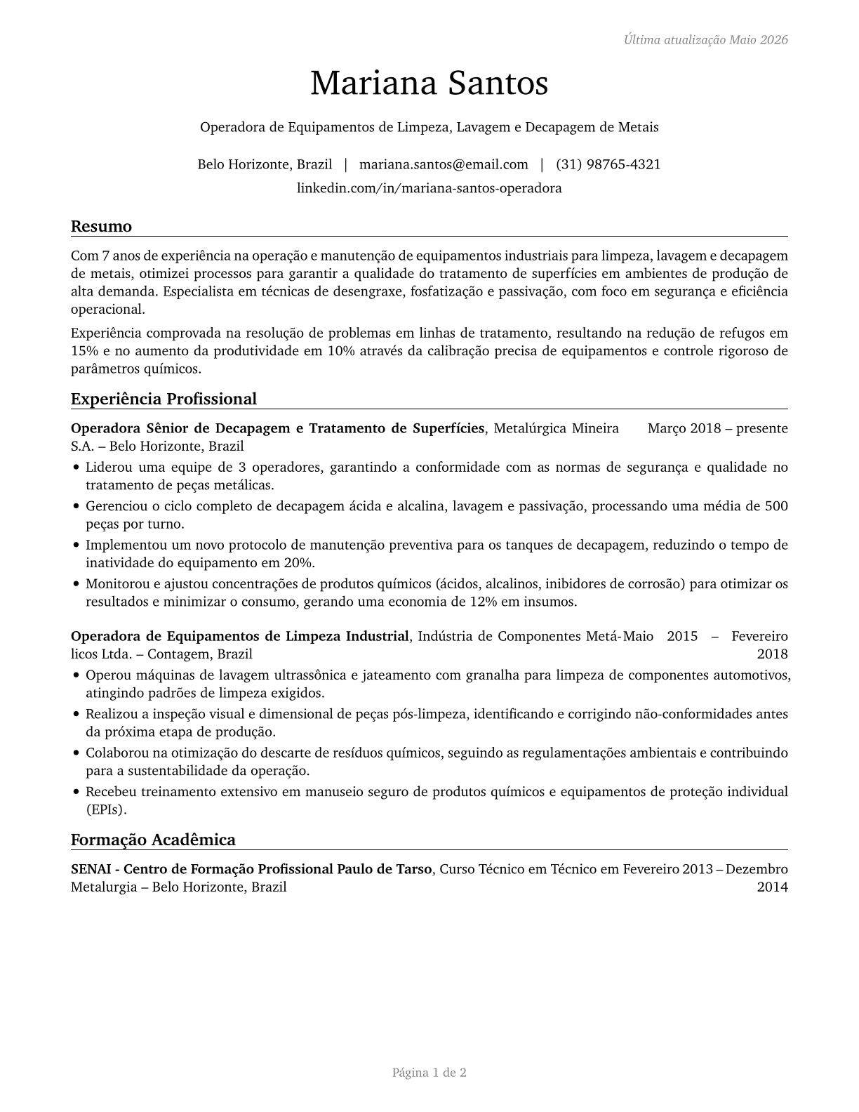 Cleaning, Washing, and Metal Pickling Equipment Operators and Tenders CV in Portuguese — page 1
