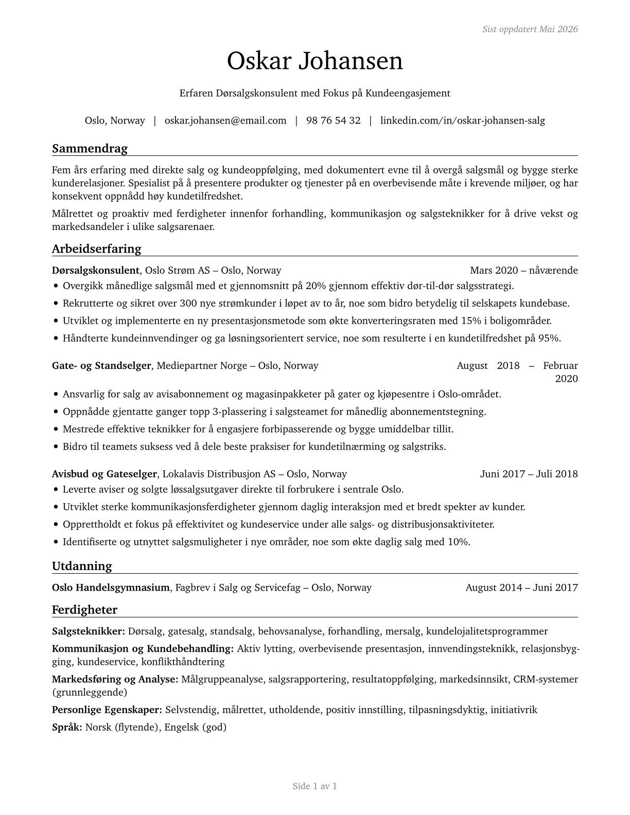 Door-to-Door Sales Workers, News and Street Vendors, and Related Workers CV in Norwegian_bokmal — page 1