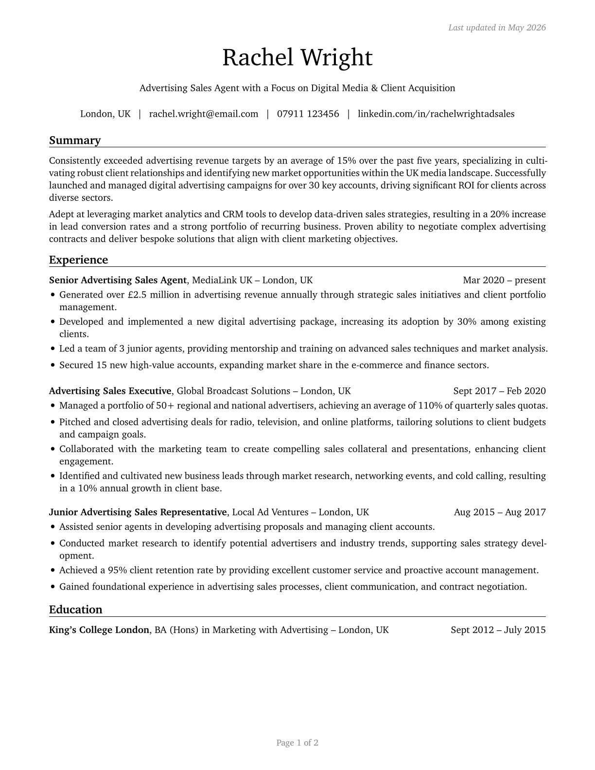 Advertising Sales Agents CV in English — page 1