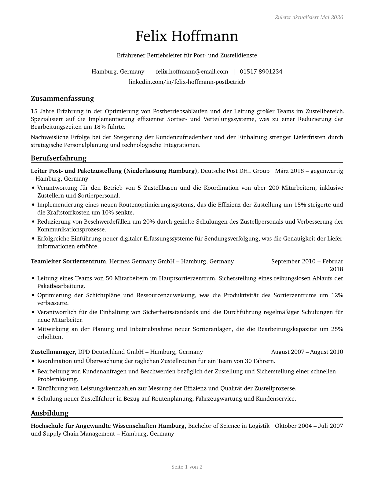 Postmasters and Mail Superintendents CV in German — page 1