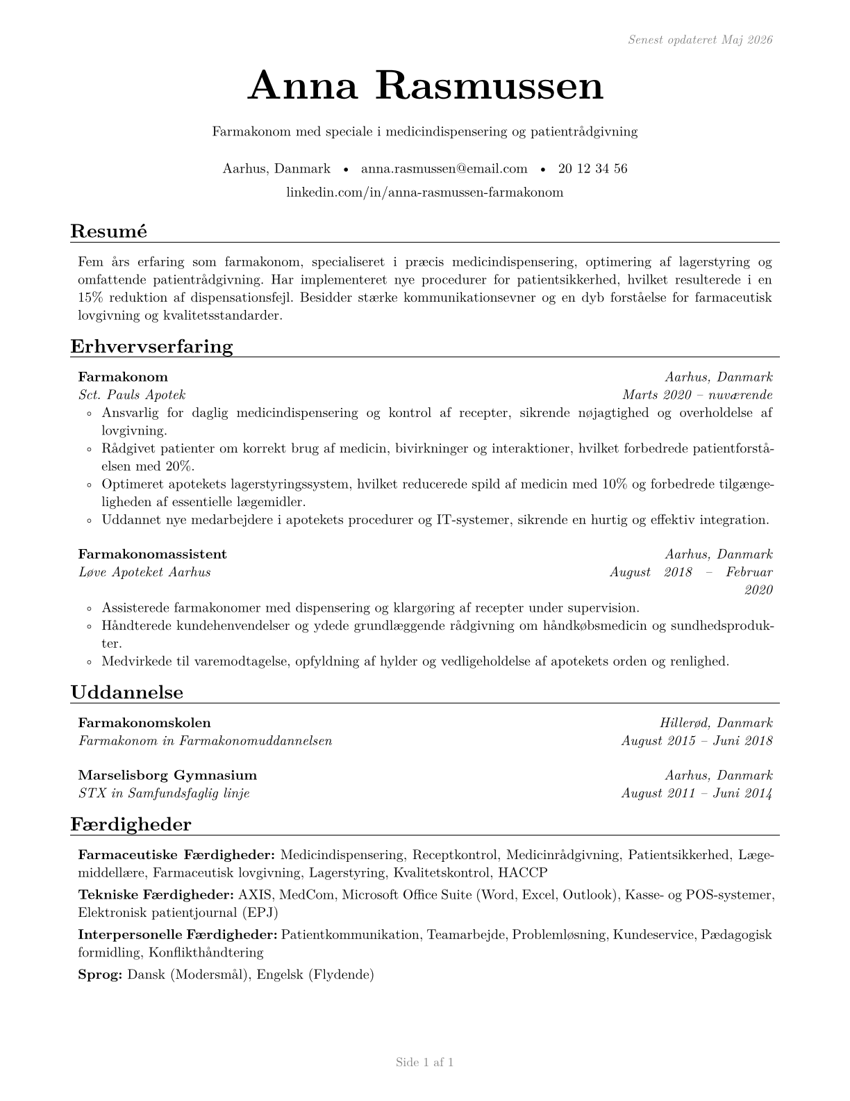 Pharmacy Technicians CV in Danish — page 1