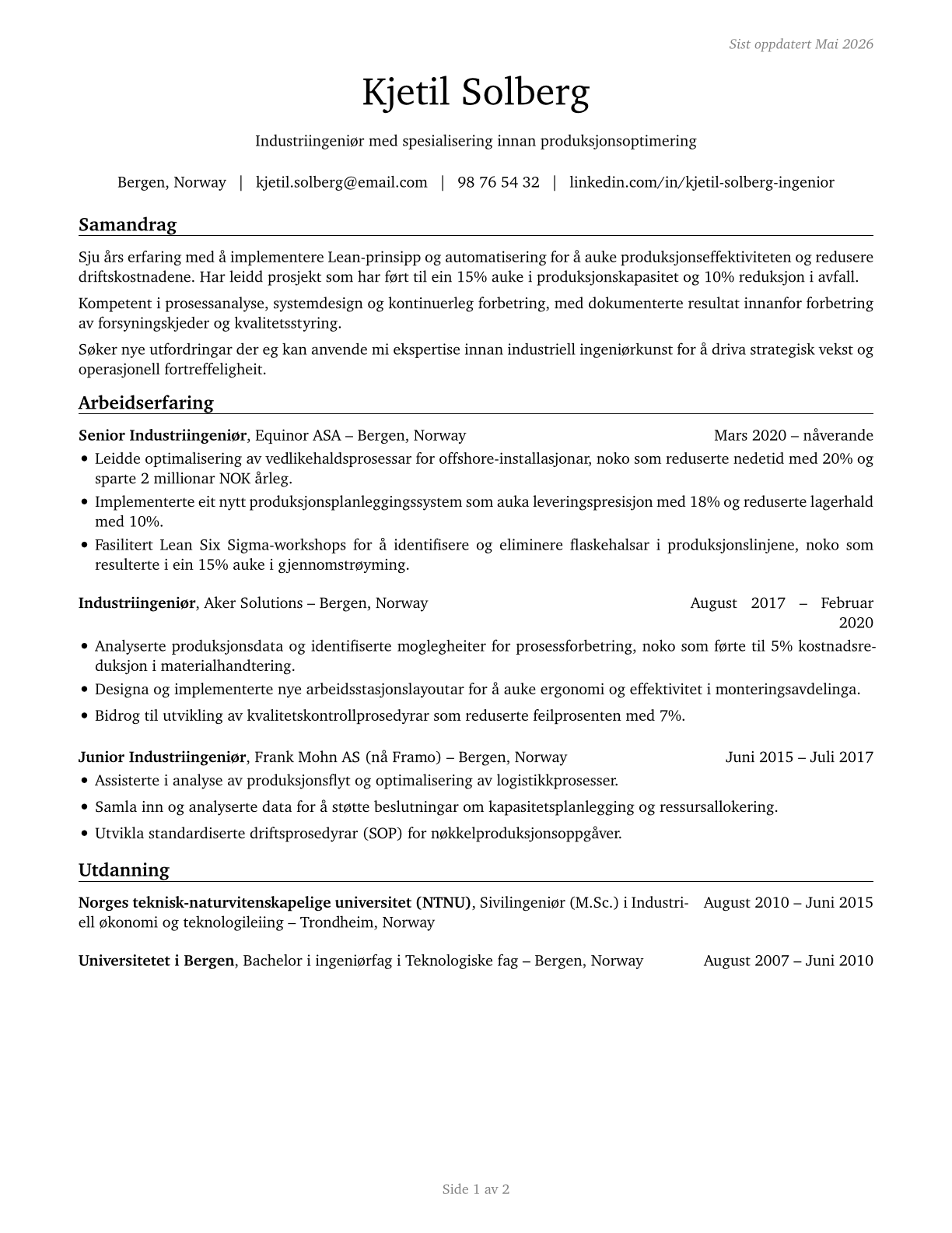 Industrial Engineers CV in Norwegian_nynorsk — page 1
