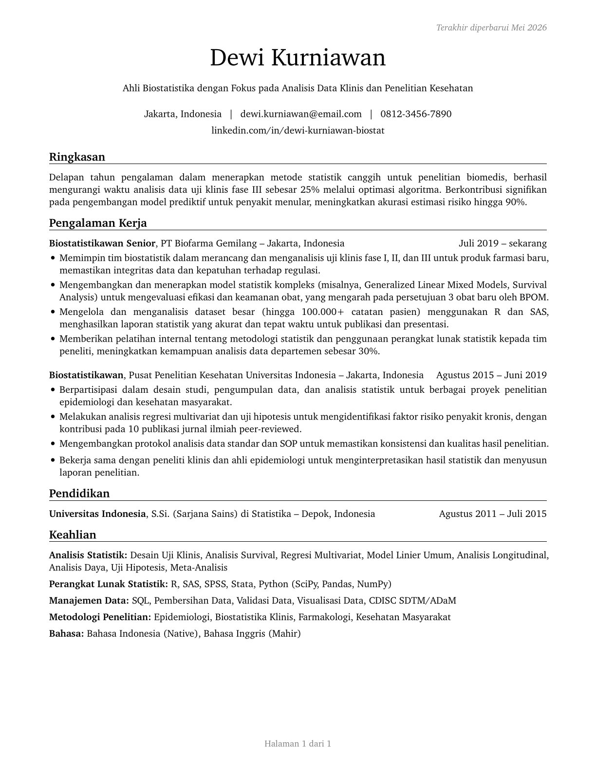 Biostatisticians CV in Indonesian — page 1
