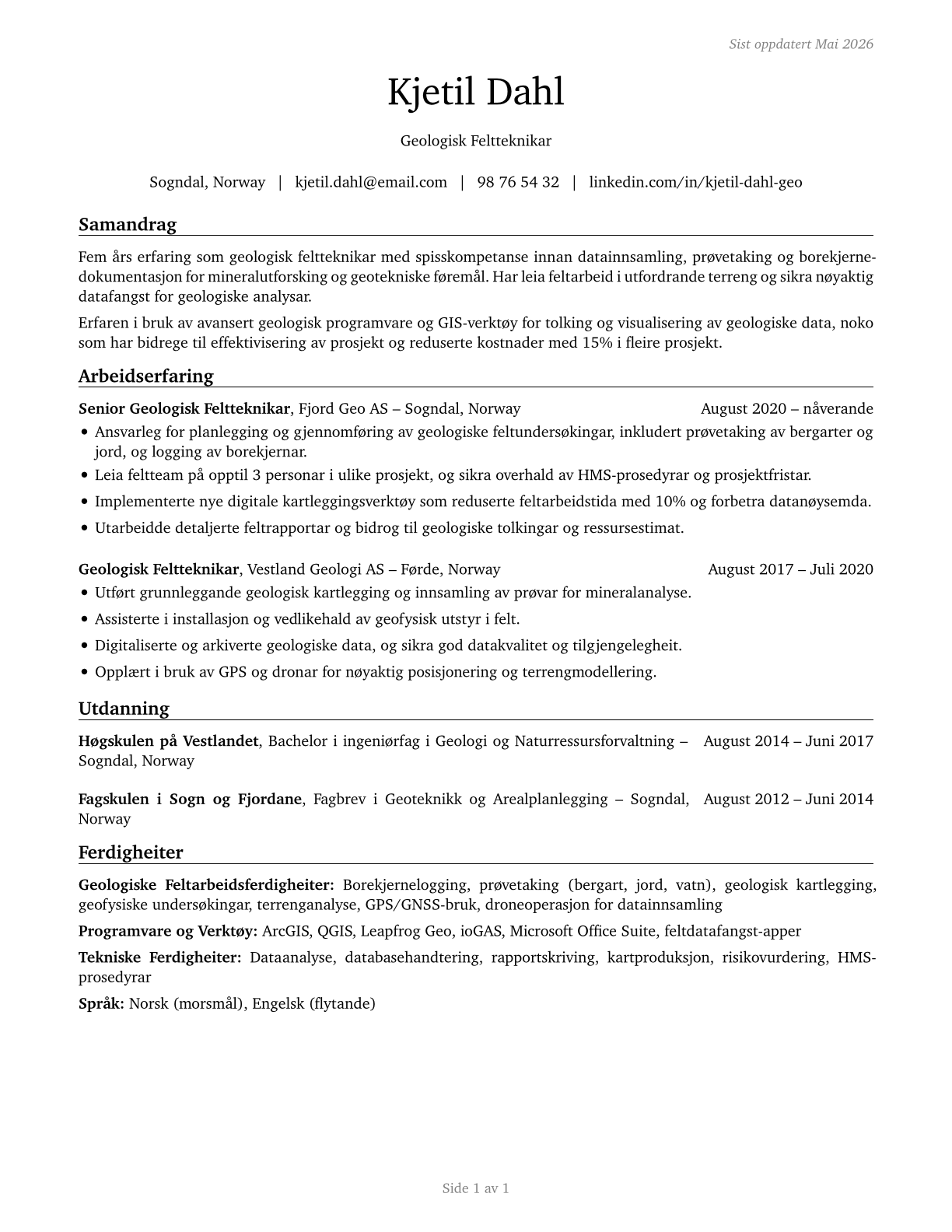 Geological Technicians, Except Hydrologic Technicians CV in Norwegian_nynorsk — page 1