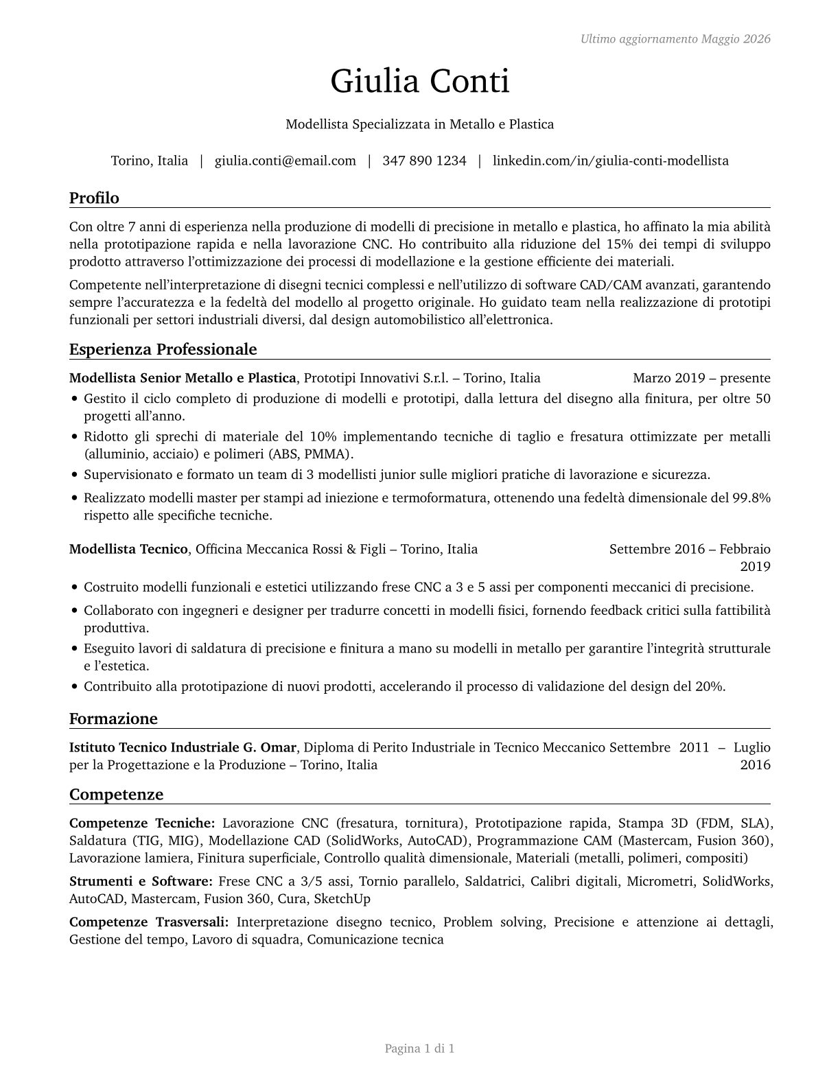 Model Makers, Metal and Plastic CV in Italian — page 1