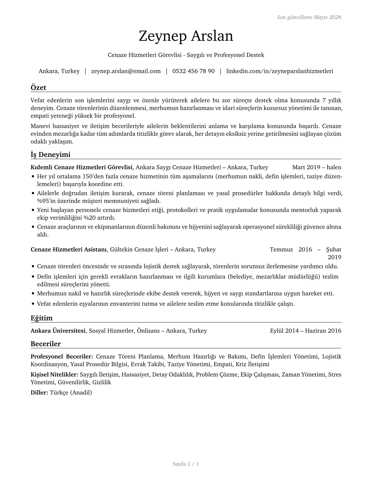 Funeral Attendants CV in Turkish — page 1