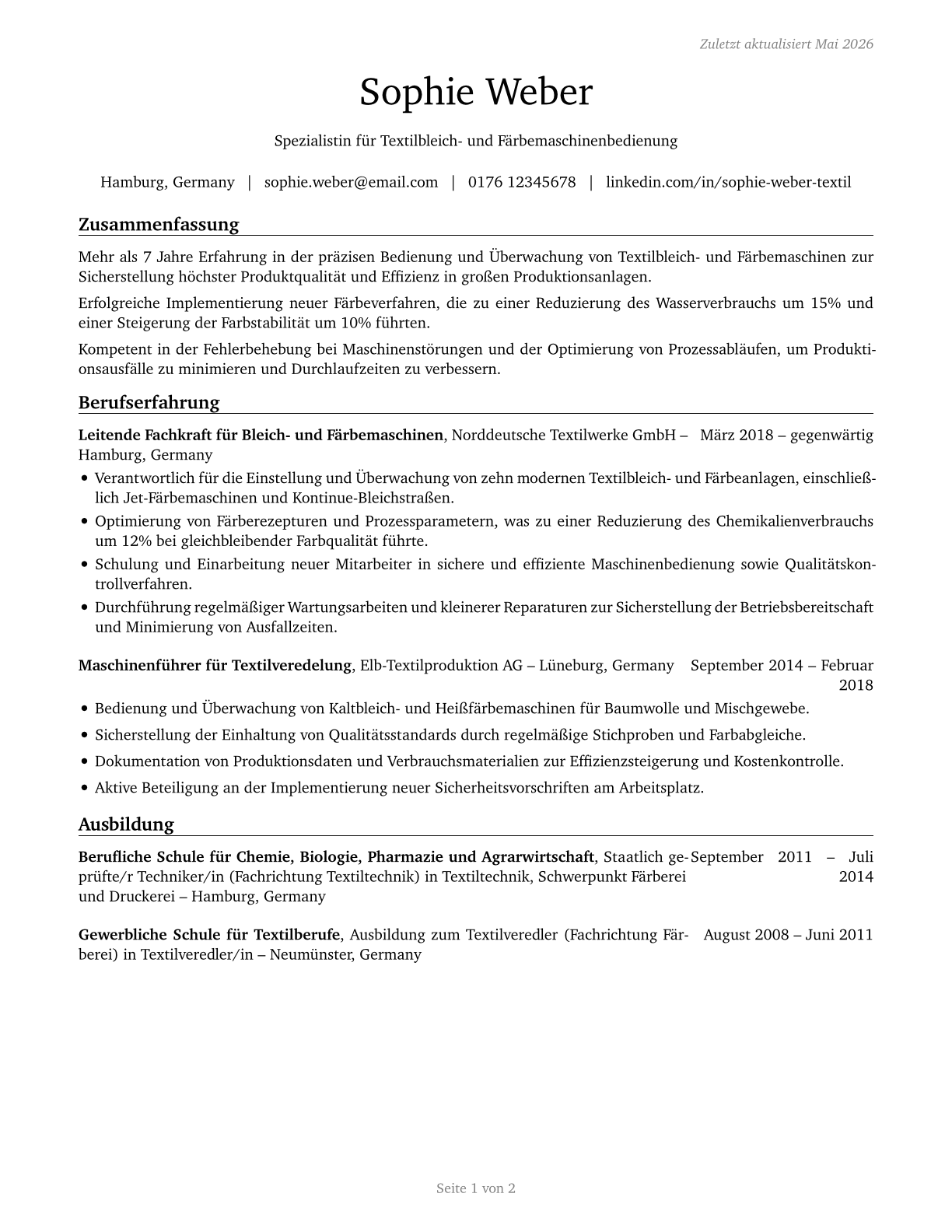 Textile Bleaching and Dyeing Machine Operators and Tenders CV in German — page 1