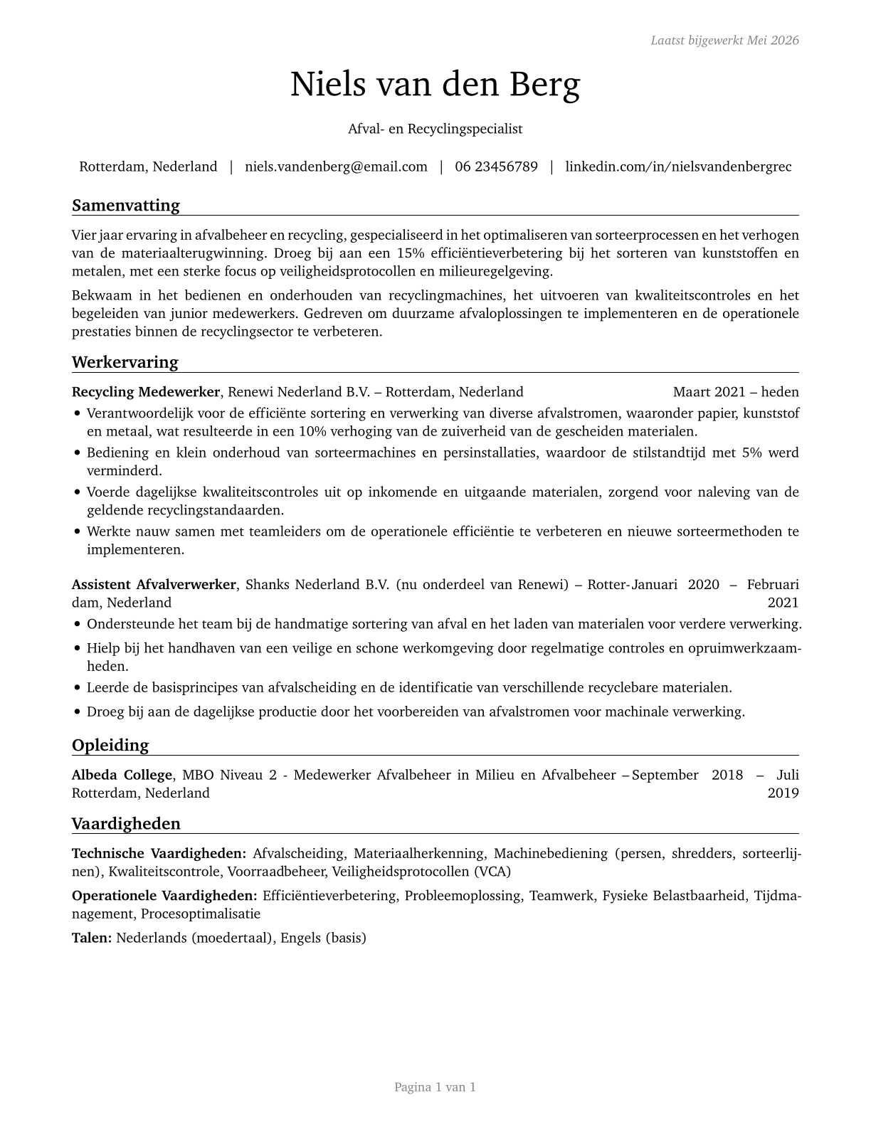 Recycling and Reclamation Workers CV in Dutch — page 1