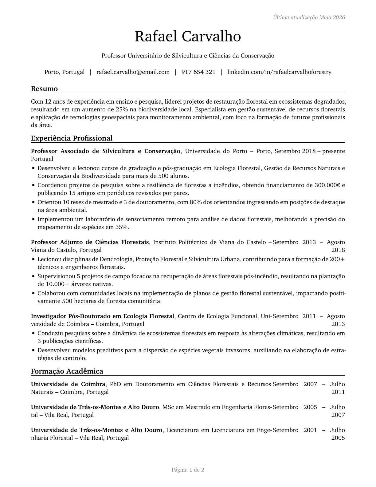 Forestry and Conservation Science Teachers, Postsecondary CV in Portuguese — page 1