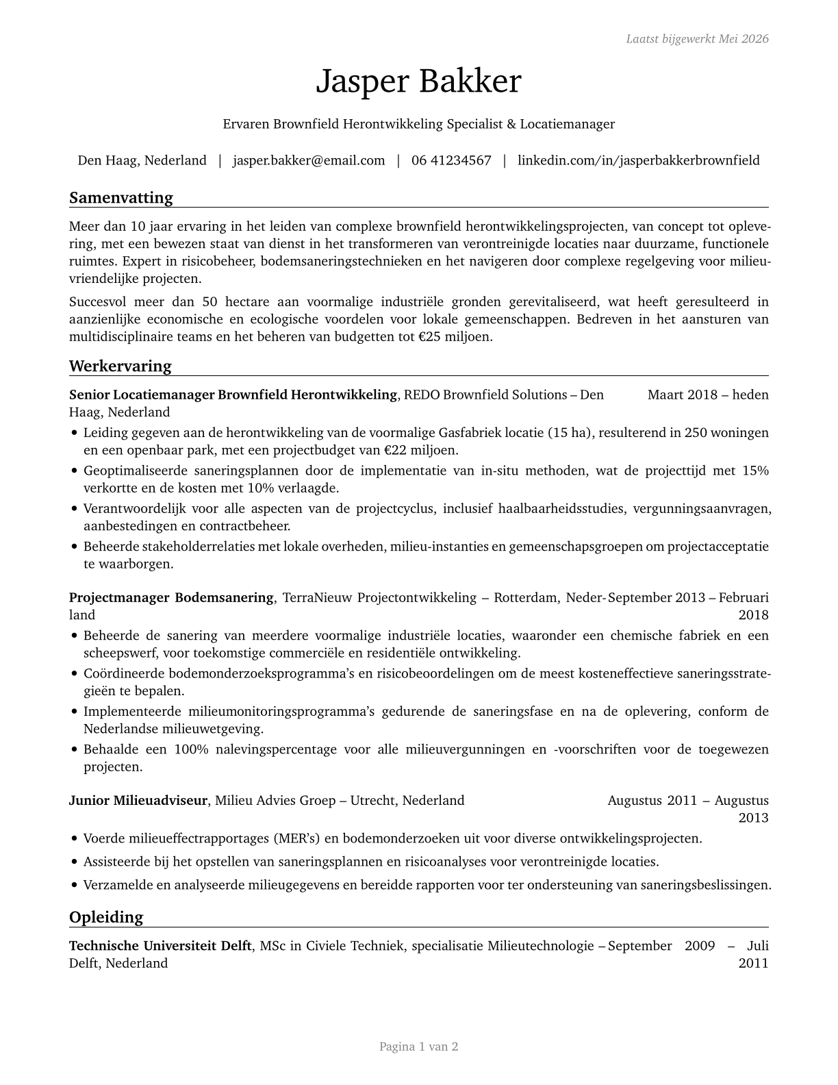 Brownfield Redevelopment Specialists and Site Managers CV in Dutch — page 1