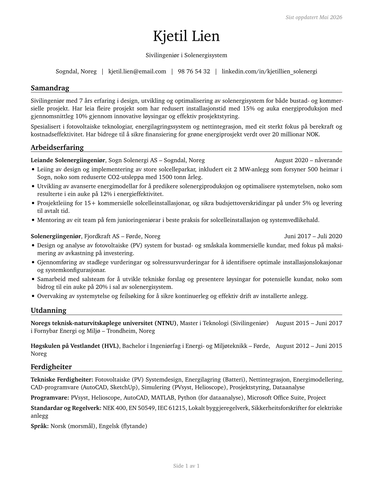 Solar Energy Systems Engineers CV in Norwegian_nynorsk — page 1