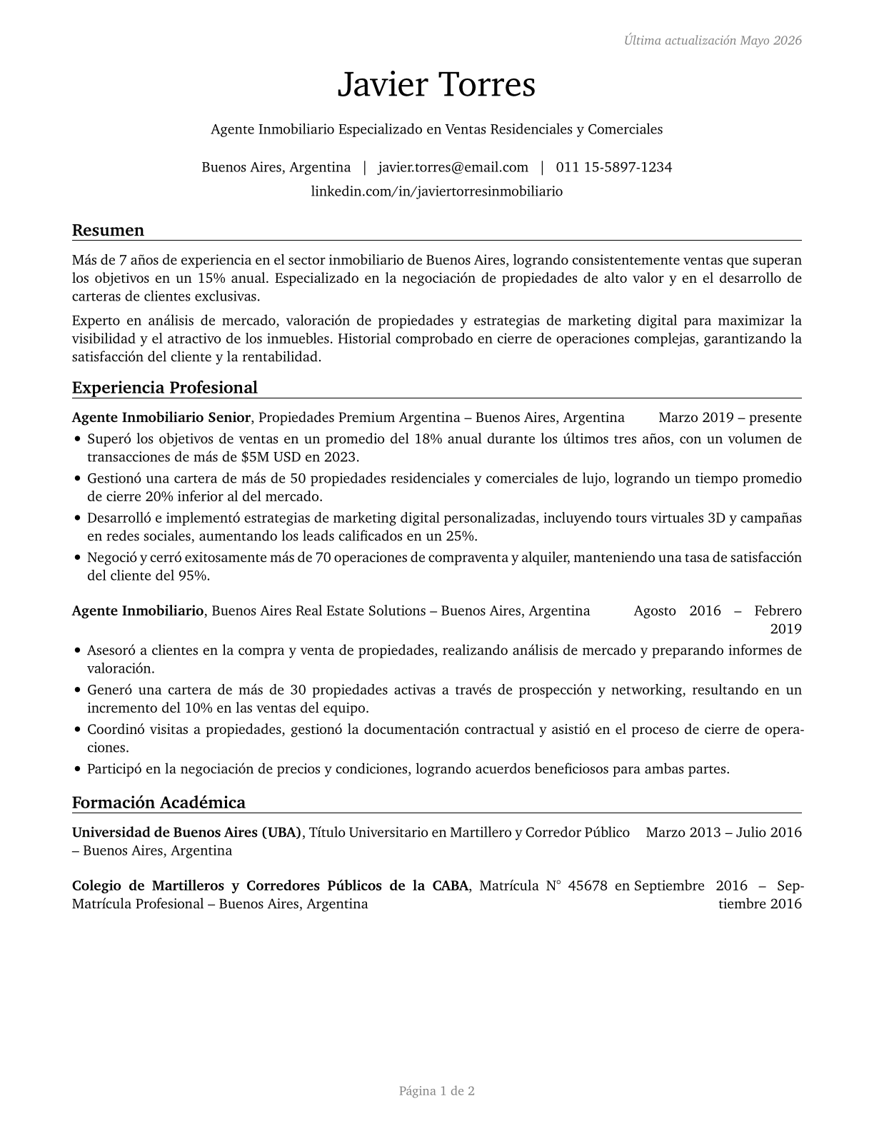 Real Estate Sales Agents CV in Spanish — page 1
