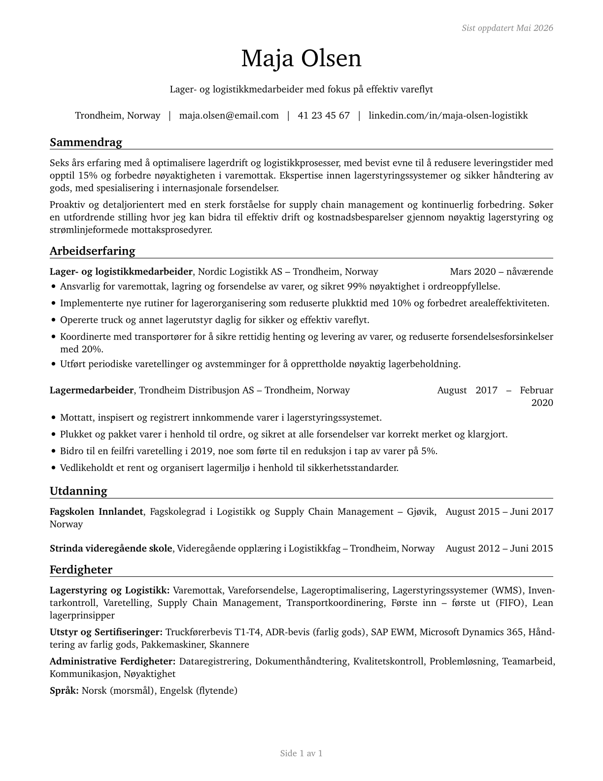 Shipping, Receiving, and Inventory Clerks CV in Norwegian_bokmal — page 1