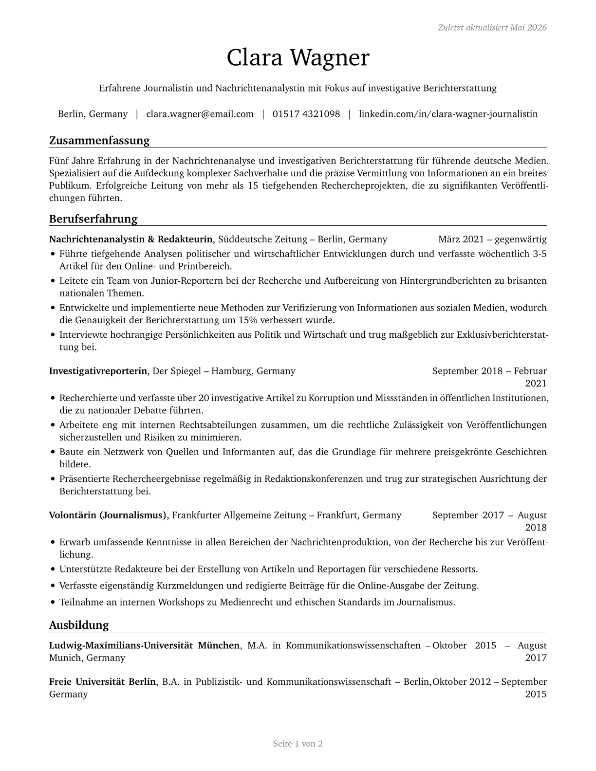 News Analysts, Reporters, and Journalists CV in German — page 1
