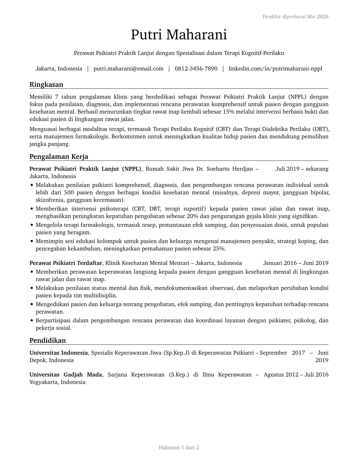 Advanced Practice Psychiatric Nurses CV in Indonesian — page 1