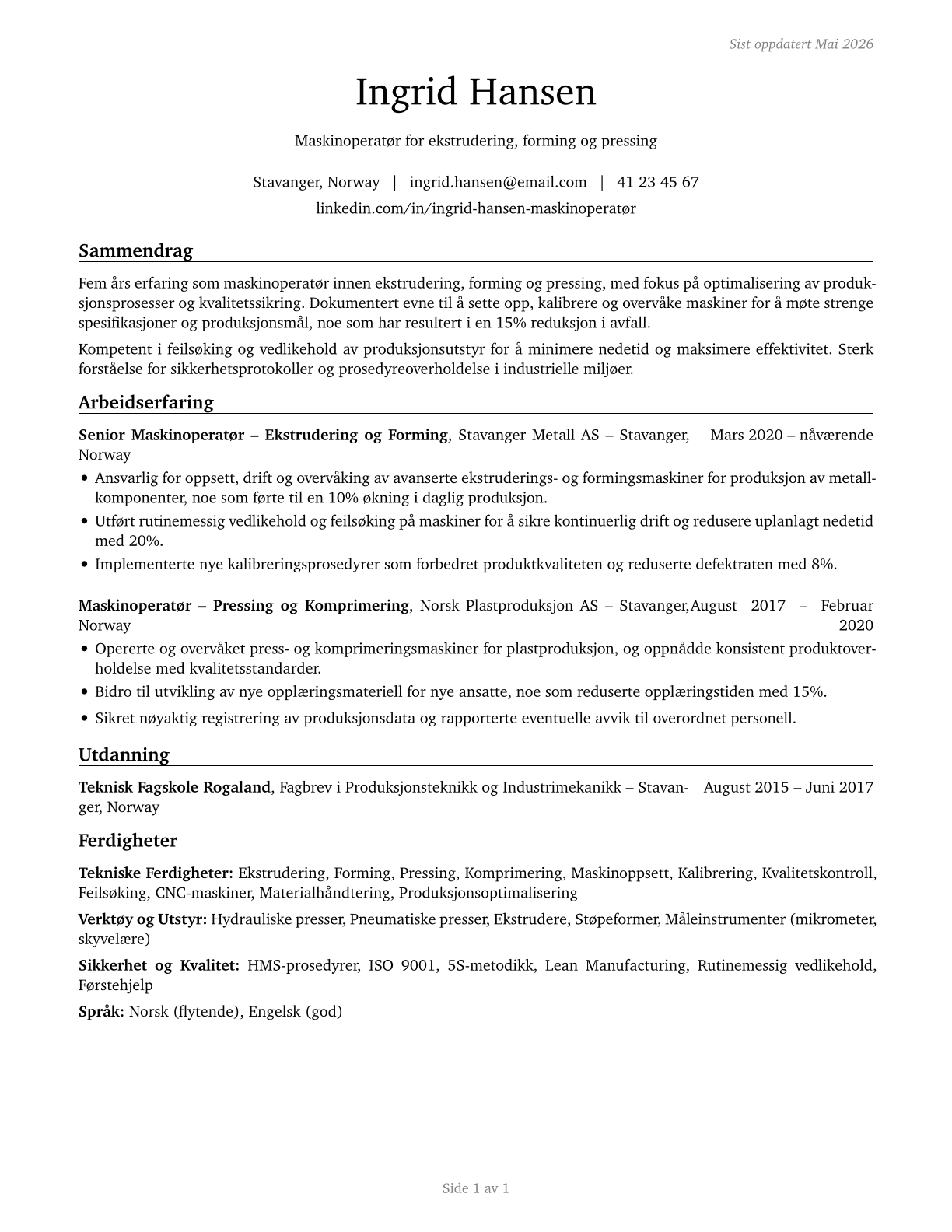 Extruding, Forming, Pressing, and Compacting Machine Setters, Operators, and Tenders CV in Norwegian_bokmal — page 1