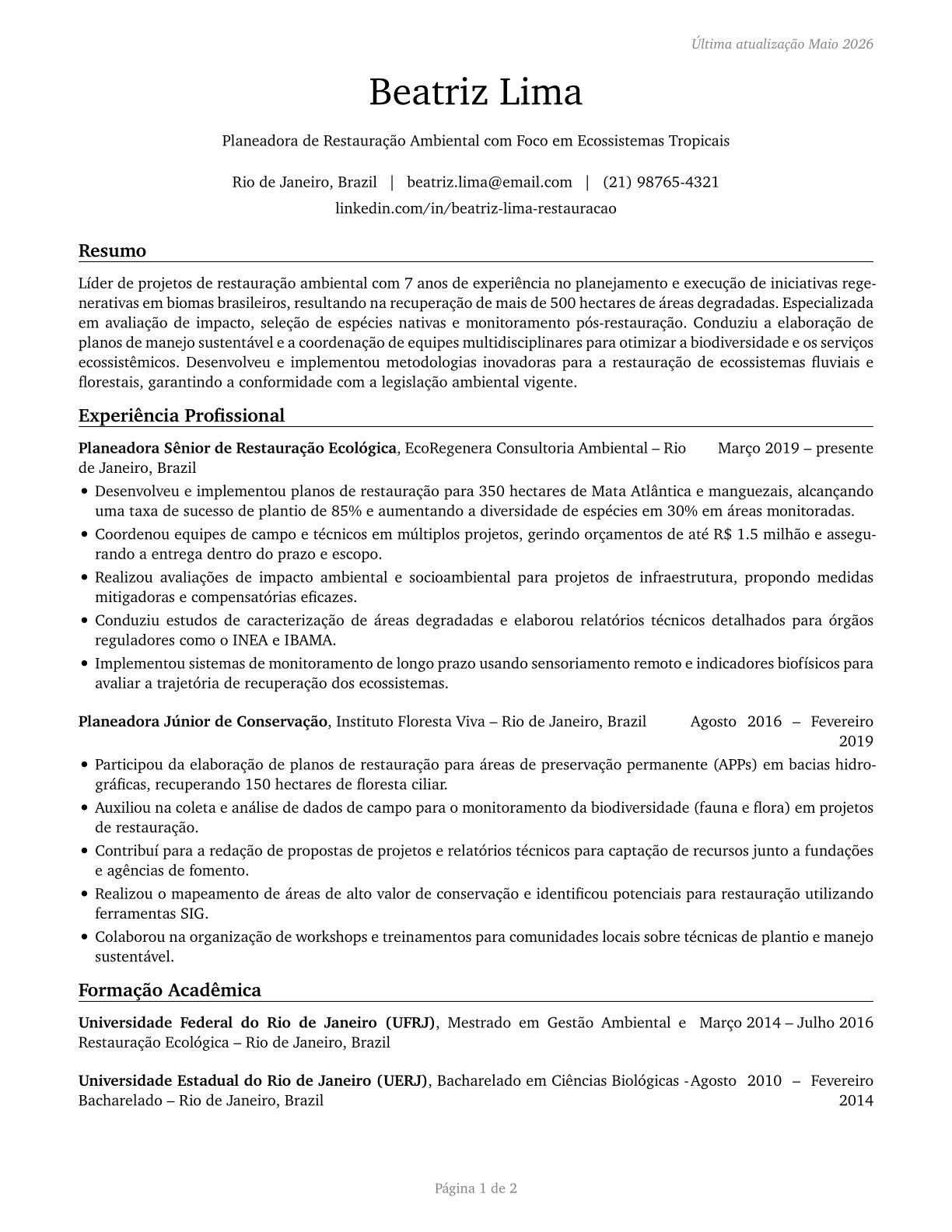 Environmental Restoration Planners CV in Portuguese — page 1