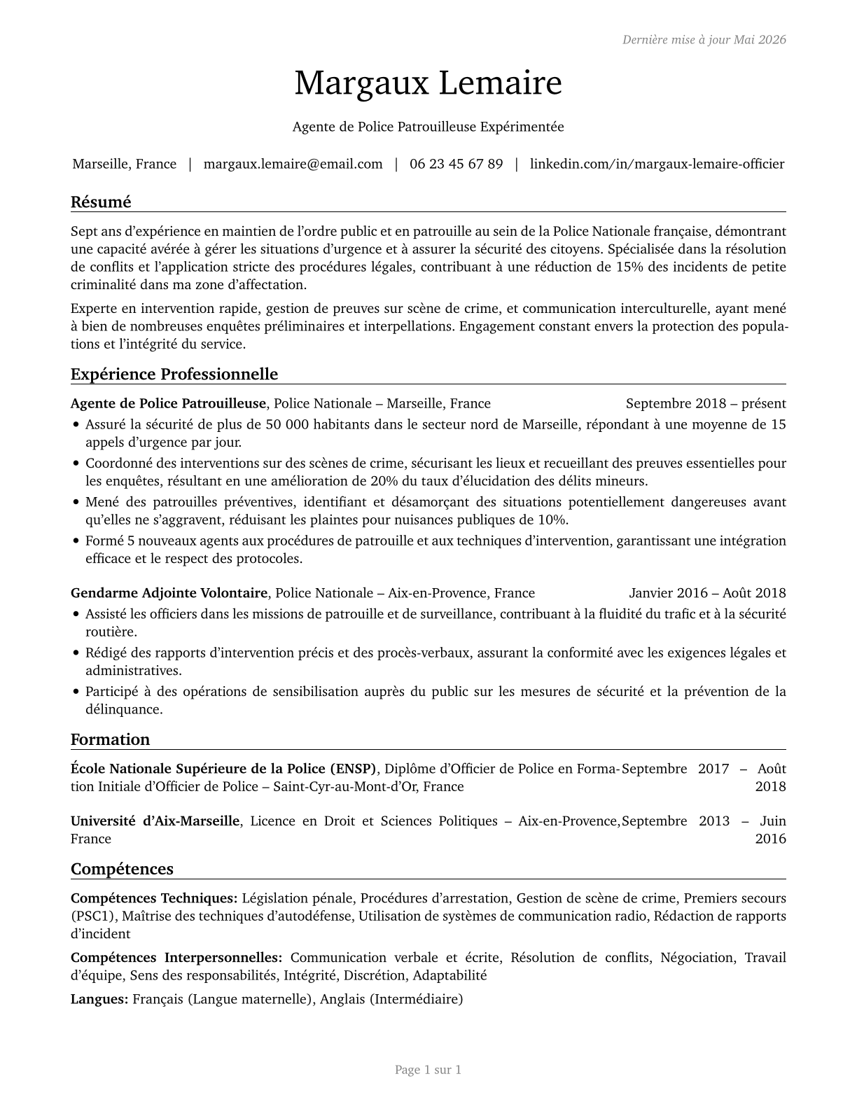 Police and Sheriff's Patrol Officers CV in French — page 1