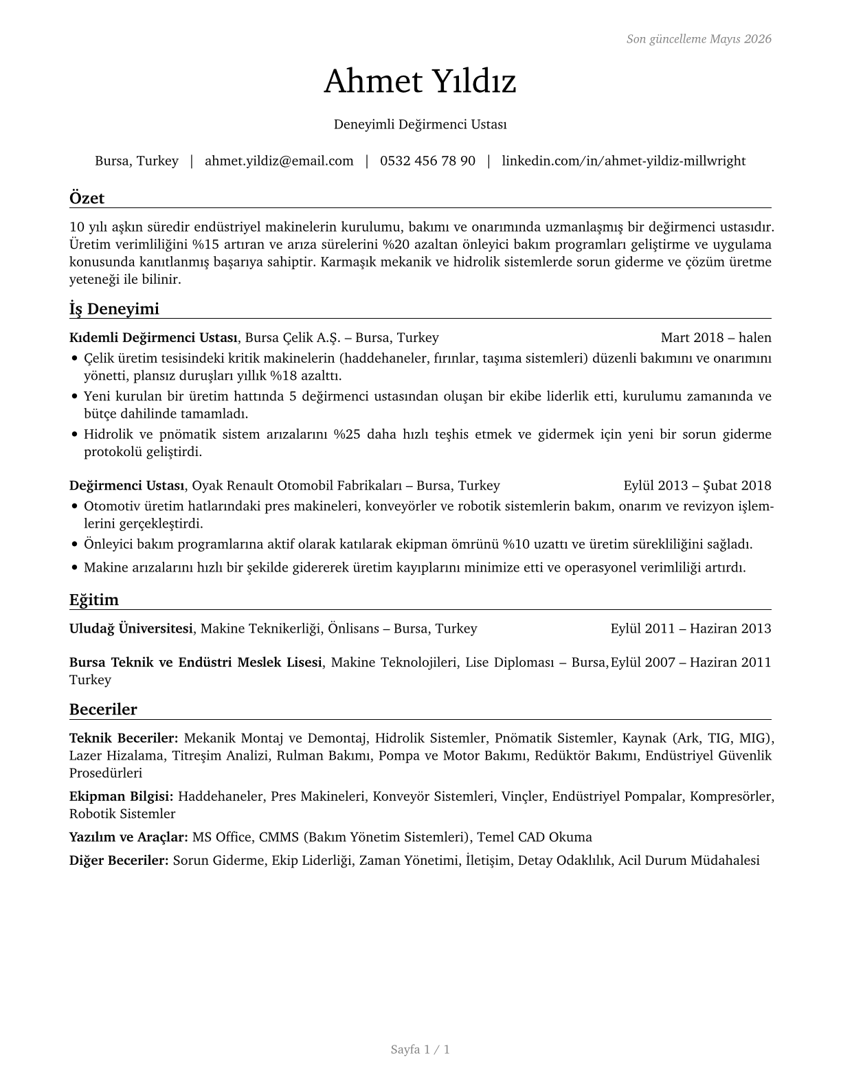 Millwrights CV in Turkish — page 1