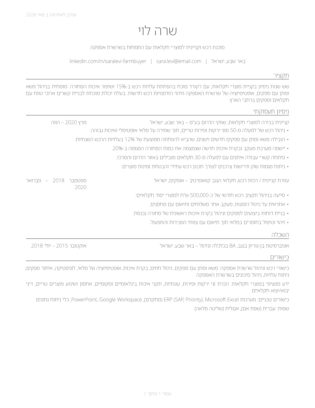 Buyers and Purchasing Agents, Farm Products CV in Hebrew — page 1
