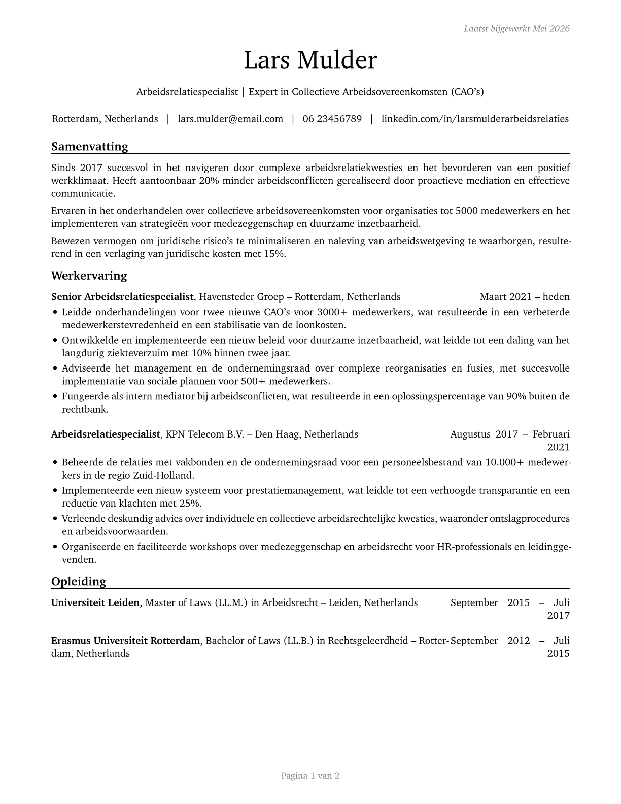 Labor Relations Specialists CV in Dutch — page 1