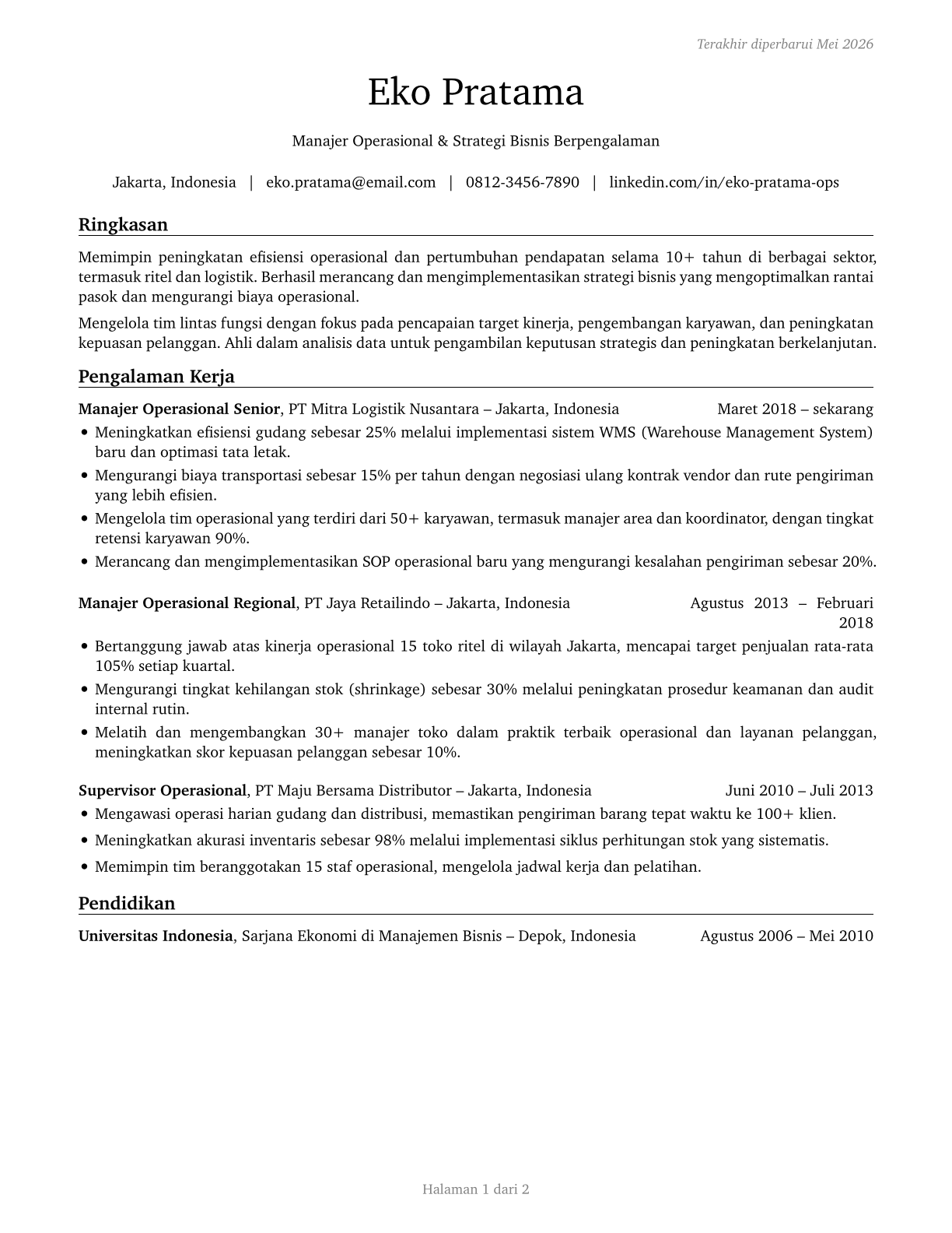 General and Operations Managers CV in Indonesian — page 1
