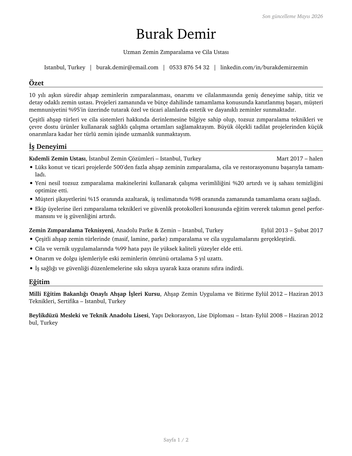 Floor Sanders and Finishers CV in Turkish — page 1