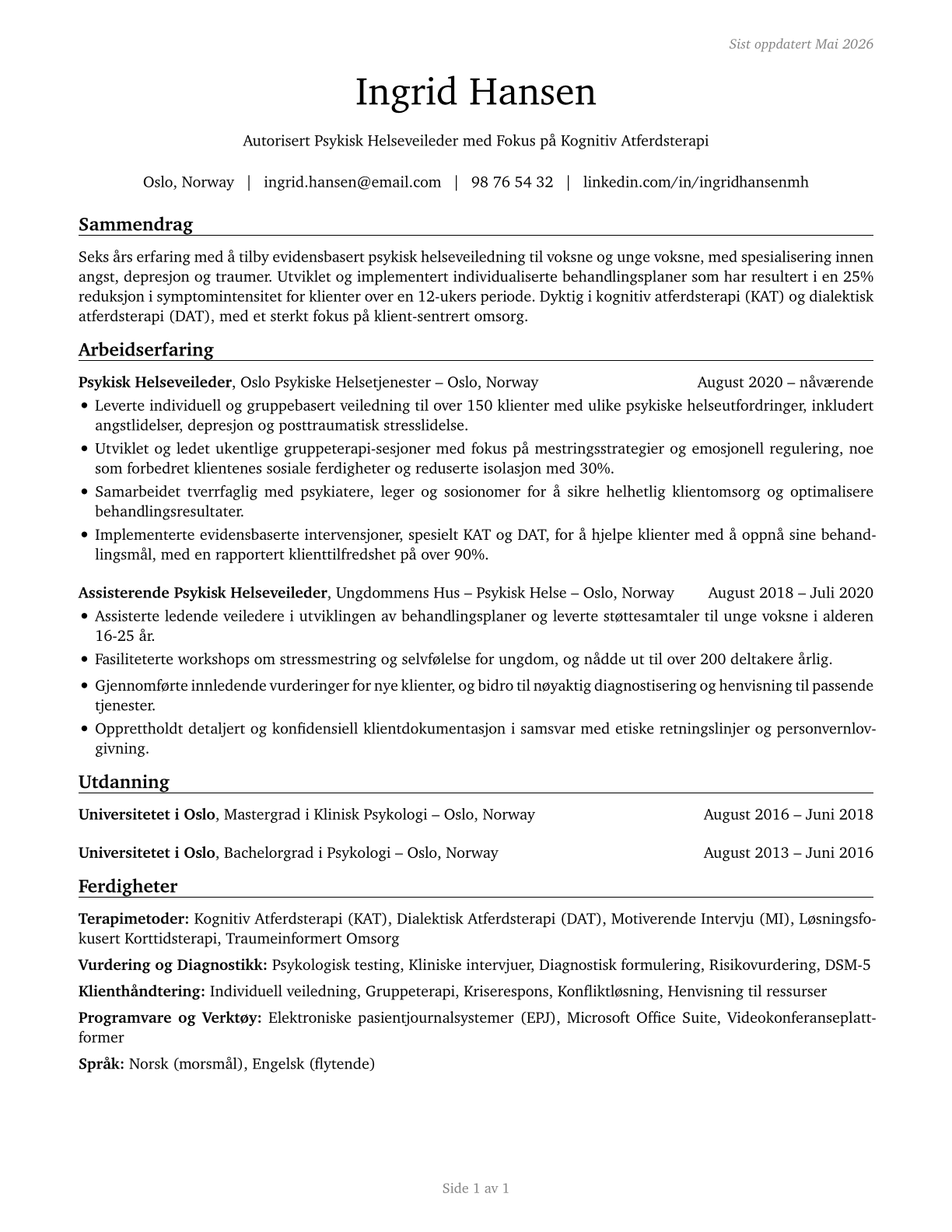Mental Health Counselors CV in Norwegian_bokmal — page 1