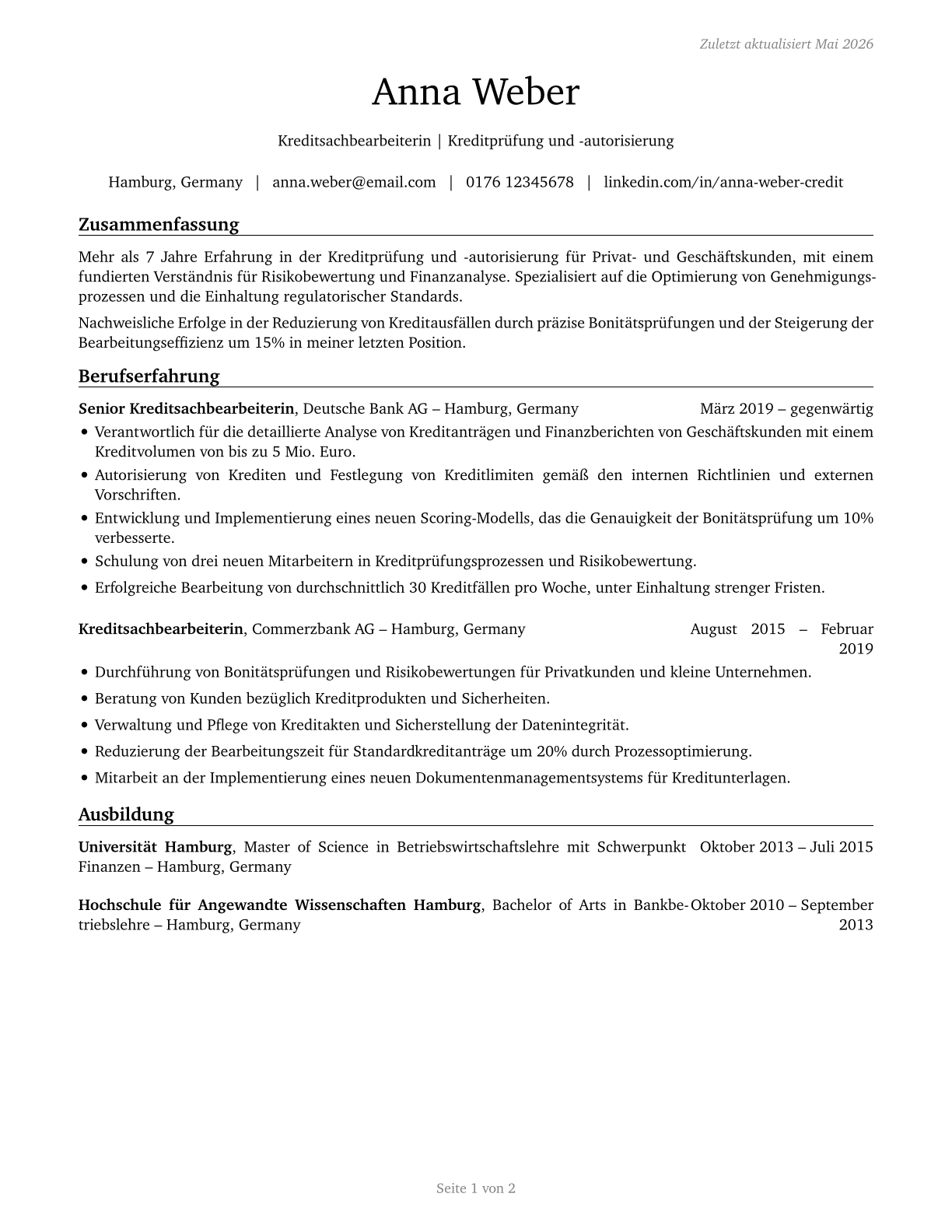 Credit Authorizers, Checkers, and Clerks CV in German — page 1