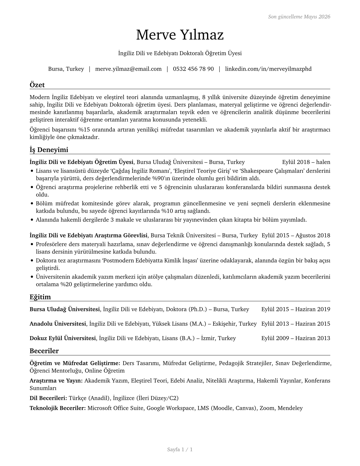 English Language and Literature Teachers, Postsecondary CV in Turkish — page 1