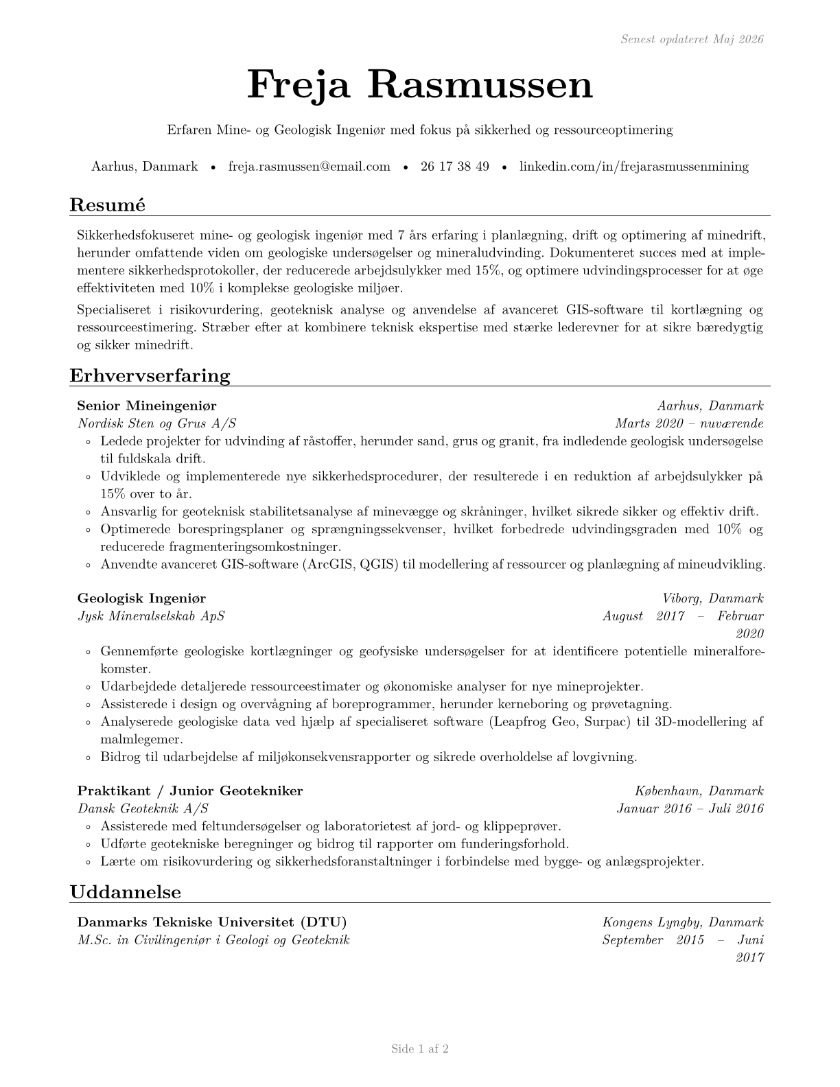 Mining and Geological Engineers, Including Mining Safety Engineers CV in Danish — page 1