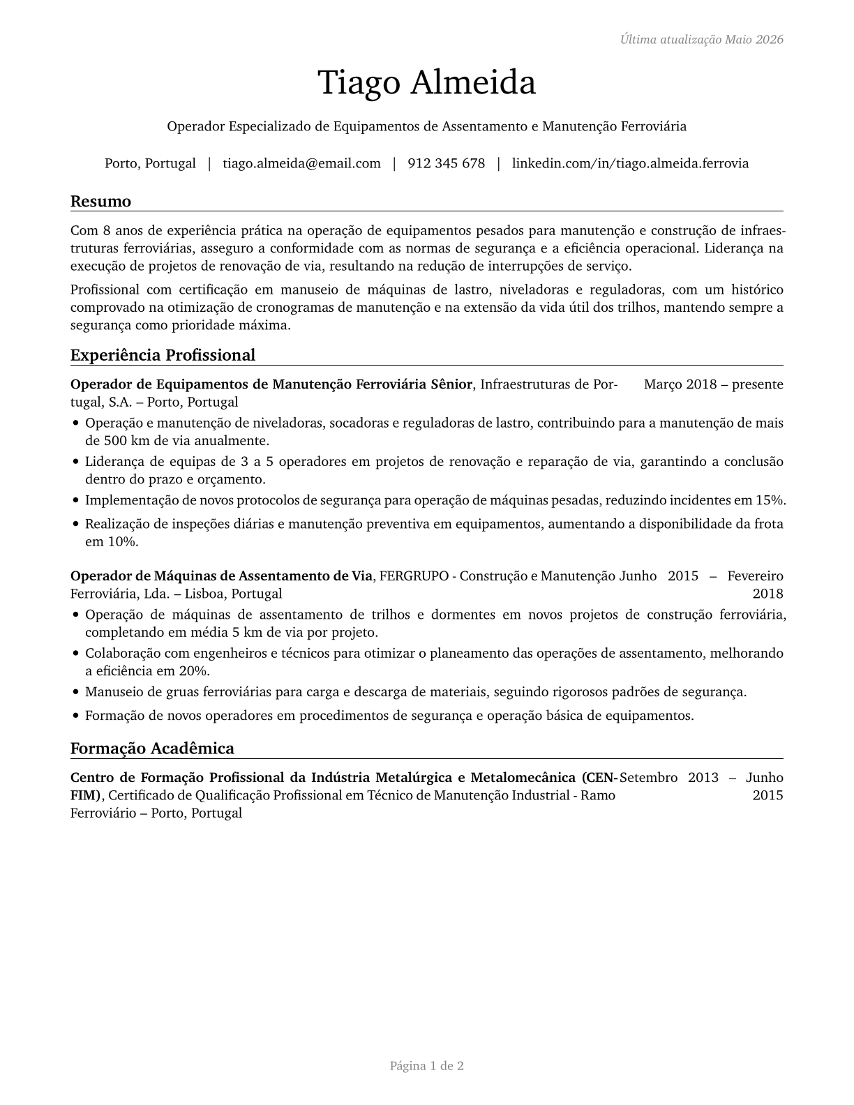 Rail-Track Laying and Maintenance Equipment Operators CV in Portuguese — page 1