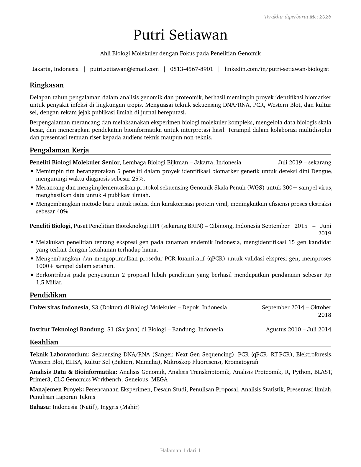Biologists CV in Indonesian — page 1