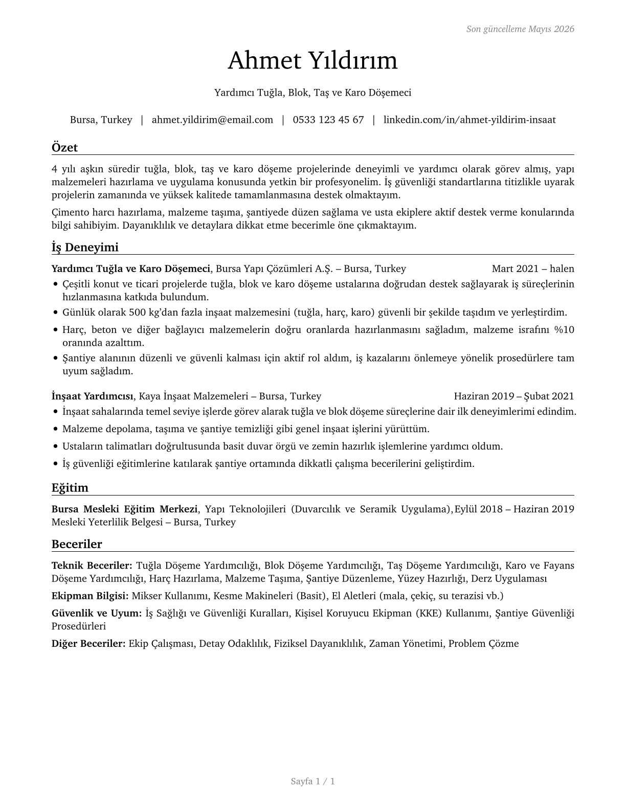 Helpers--Brickmasons, Blockmasons, Stonemasons, and Tile and Marble Setters CV in Turkish — page 1