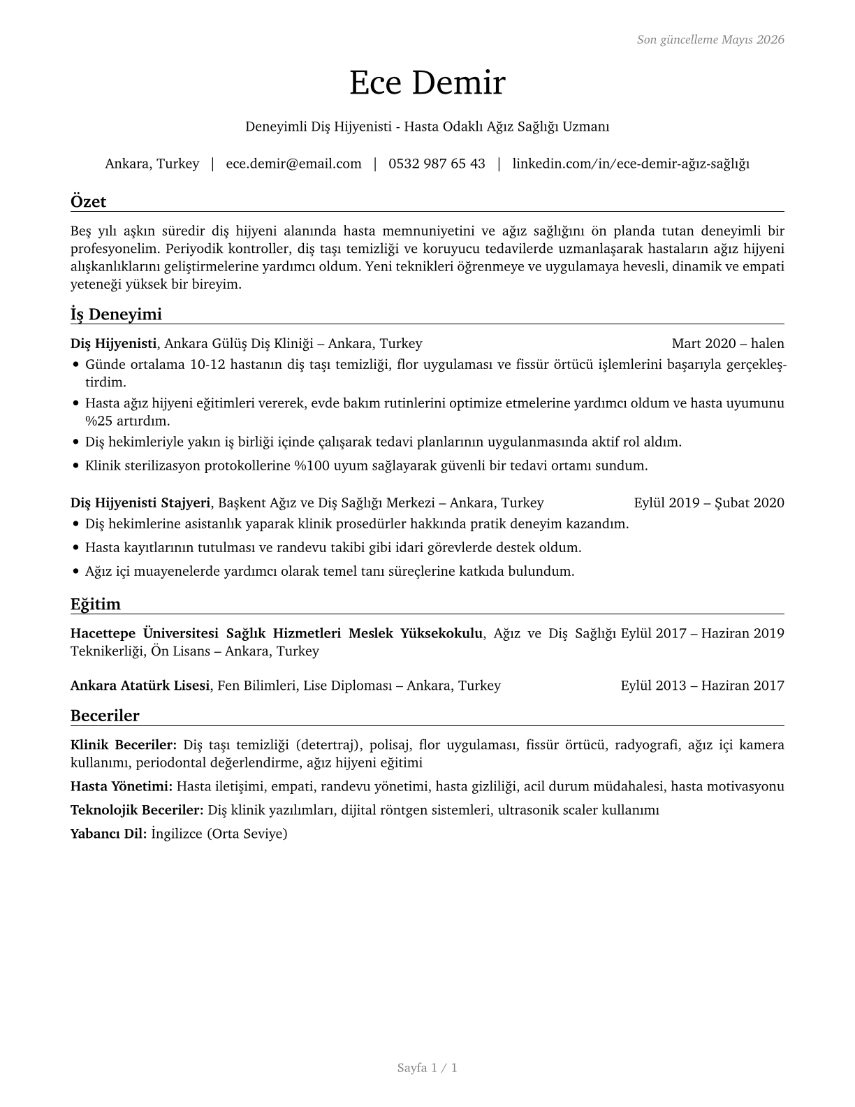Dental Hygienists CV in Turkish — page 1