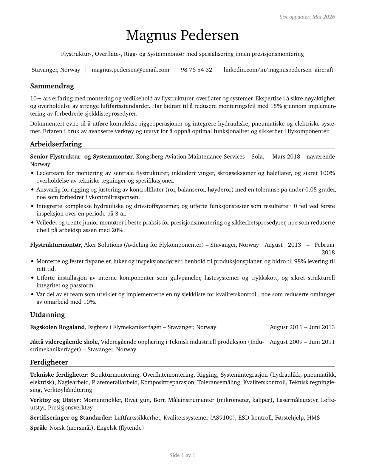 Aircraft Structure, Surfaces, Rigging, and Systems Assemblers CV in Norwegian_bokmal — page 1