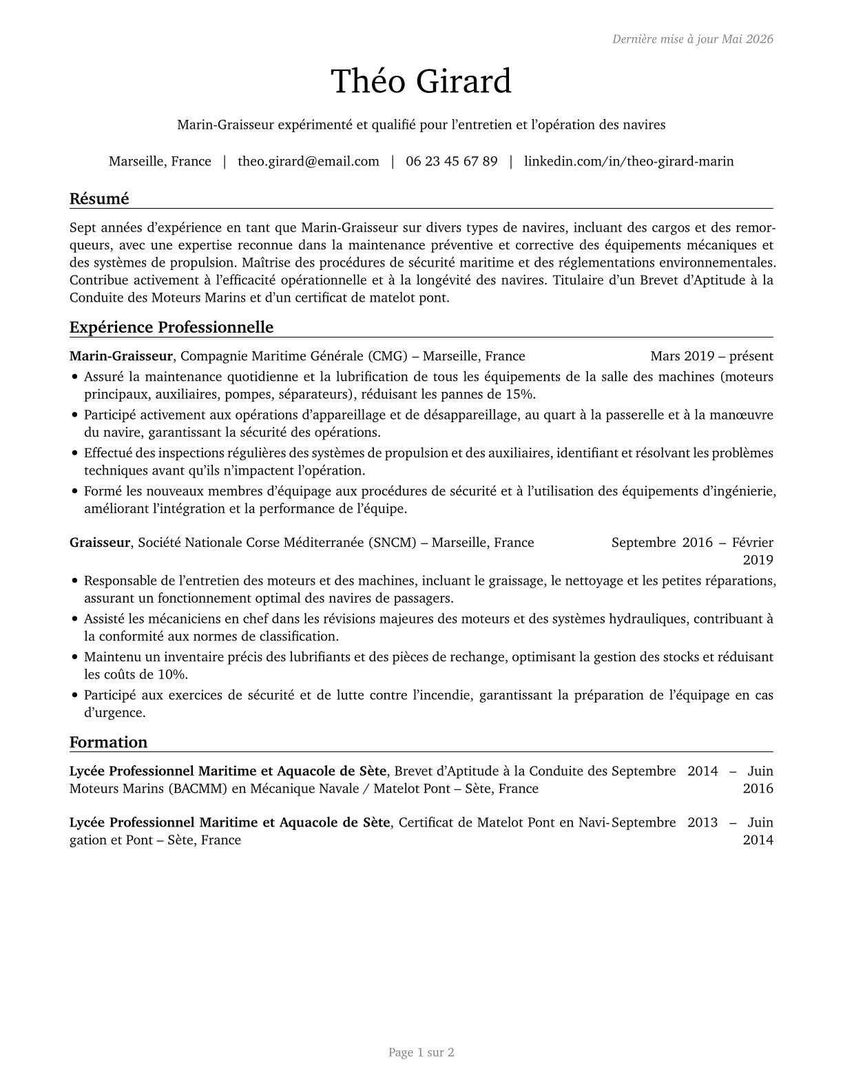 Sailors and Marine Oilers CV in French — page 1