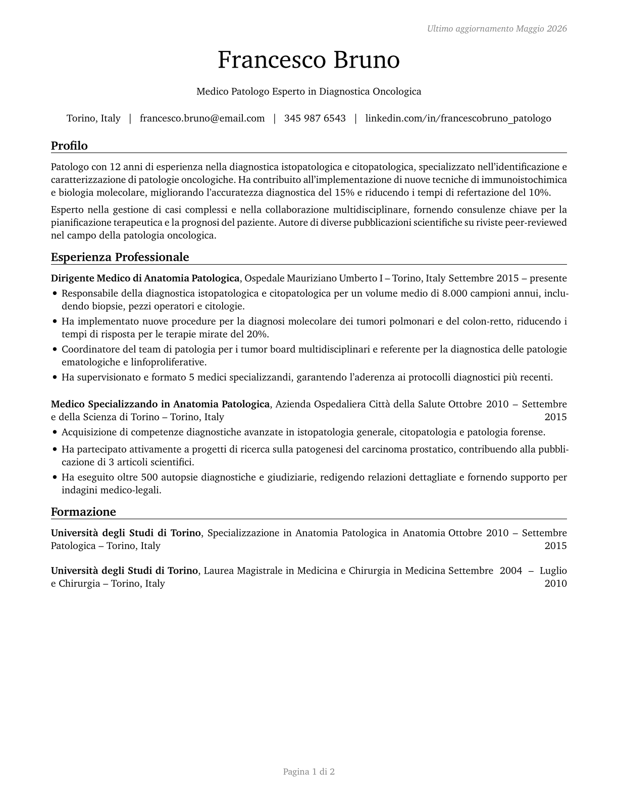 Physicians, Pathologists CV in Italian — page 1