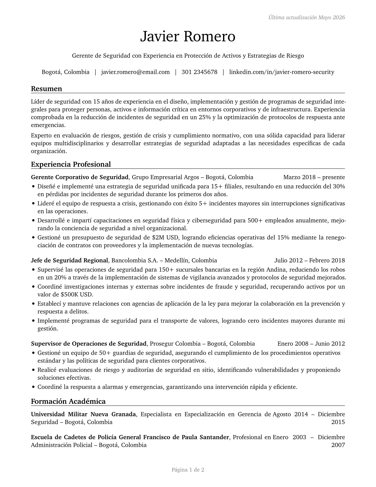 Security Managers CV in Spanish — page 1