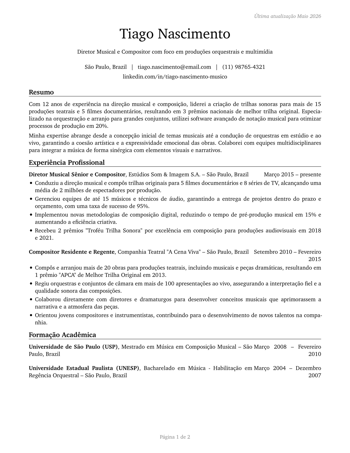 Music Directors and Composers CV in Portuguese — page 1