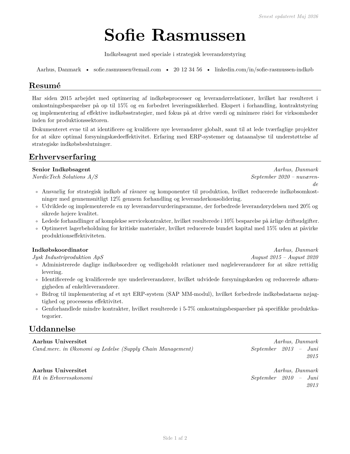 Purchasing Agents, Except Wholesale, Retail, and Farm Products CV in Danish — page 1